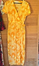 Escada Yellow Orange Abstract Chiffon Silk Wrap Maxi Dress V-Neck Tie IT 36 picture