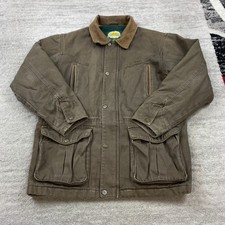 VTG Cabelas Canvas Chore Jacket Medium Brown Leather Collar Fleece Lined Aztec picture