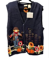 NWT Vtg Bobbie Brooks Fall Harvest Scarecrow Sweater Vest L Pumpkin Sunflower picture