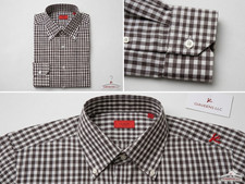 Isaia Gingham Brown White Dress Shirt Extrafine Cotton Slim Fit 15 1/2 I 39 picture
