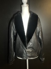 Vtg John Carlisle San Francisco Black Leather Jacket Shearling Collar 80s 90s M. picture