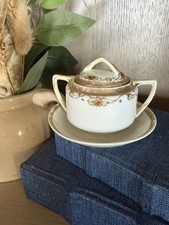 Antique Hand Painted Nippon Covered Sugar Bowl Moriage Gold Floral M Wreath picture