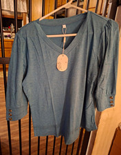 Women’s Blue Cotton Knit V-Neck 3/4 Sleeve Pullover Top Button Cuffs Sz S picture