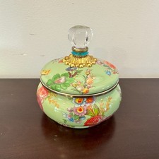 Mackenzie Child Green Flower Market Squashed Enamel Metal Pot Retired Blue Ring picture