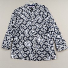 Talbots Button Up Shirt Woman Plus 2X Navy Blue White Print Cotton Long Sleeves picture