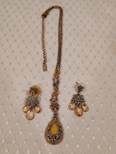 1928 Necklace With Peach Pendant Blue Pink Crystals And Earrings Chain 20