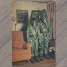 POSTCARD Alien Masks 70s Vibe 1970s Old Looking Halloween Weird Strange Unusual picture