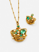 Antique Vintage Royal Crown Necklace & Single Earring Green Stones 10k?? picture