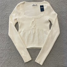 NWT Hollister Pointelle Ribbed Top Womens M White Scoop Neck Tie Front Babydoll picture