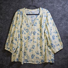 J Jill Top Womens 2X Yellow Blue Wildflower Garden Tunic Henley Pintuck Boho picture