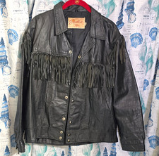 Excelled Men’s Black Western Leather Jacket Fringe Lined Button 46 picture