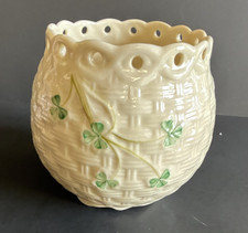 Vintage Irish Belleek Shamrock Pierced Basketweave Flower Pot Vase Ireland picture