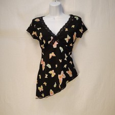 Vtg 90s Y2K Self Esteem Dark Butterfly Top S Asymmetric Hem Lace Trim Fairycore picture