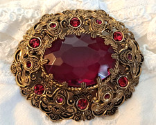 Antique W. Germany Deep Red Faceted Glass & Rhinestone Gold Tone Filigree Brooch picture