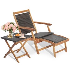2PCS Patio Rattan Folding Lounge Chair Table Acacia Wood W/Retractable Footrest picture