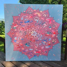 Original Acrylic 48x48 Mandala Painting Signed Bold Canvas Pink Wall Art picture