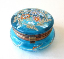 Antique Blue Glass FRENCH PILL BOX Aqua Turquoise Enamel Flowers picture
