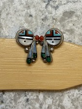 Signed Laahty Sterling Silver Multi Stone Inlay Drum Feather Stud Earrings picture