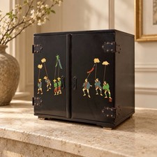 Vintage Japanese Lacquer Jewelry Cabinet Daimyo Procession 4 Drawers Tansu Box picture