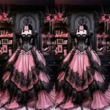 Gothic Fantasy Victorian Dress Masquerade Black Pink Corset Lacing Lace Ruffle picture