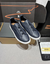 Men s ZEGNA Triple Stitch Low‑Top Slip‑On Dark Blue Leather Casual Shoes picture