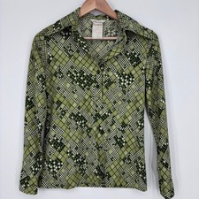 VTG 70s Disco Shirt Womens 10 Green Geometric Alex Colman Blouse Mod Retro Funky picture