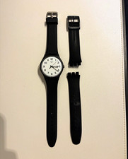 Swatch Swiss Made Quartz Wristwatch Black Plastic Case White Dial Day/Date picture