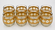 Vintage Culver Valencia 22K Gold Roly Poly Glasses Set of 8 Green MCM Tumblers picture
