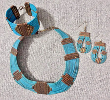Vtg Alexis Kirk Leather Tribal Collar Necklace Bracelet Earrings Set Art to Wear picture