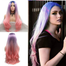 Xiweiya Long Ombre Pink Lace Front Wig Long Natural Wavy Muti-Color Synthetic picture