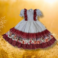 Vtg 70s Maxi Dress Handmade Cream Puff Sleeve Burgundy Trim Floral L Cottagecore picture