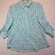 Tru Luxe Jeans Womens Medium Aqua Leopard Print Button Front Shirt Tie Ruched Sl picture