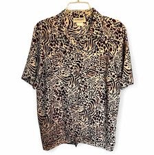 Donnkenny Women’s L Beige Cheetah Animal Print Collared Short Sleeve Blouse picture