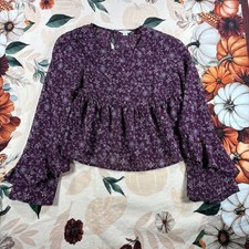 Y2K Aeropostale Floral Print Long Sleeve Ruffle Peplum Blouse Womens Purple XS picture