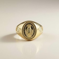Silver Gold Plated Miraculous Medal Signet Ring Virgin Mary Catholic Statement picture