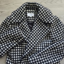 Reiss Celia Puppytooth Check Wool Alpaca Blend Long Overcoat Jacket Size 2 Black picture