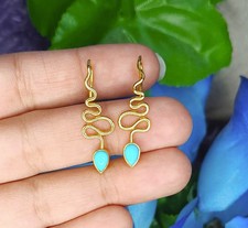 Art Deco 18K Yellow Gold Over Curling Snake Sleeping Beauty Turquoise Earrings picture