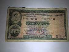 1959 HONG KONG  & SHANGHAI PAPER MONEY - 10 DOLLARS LARGE BANKNOTE picture