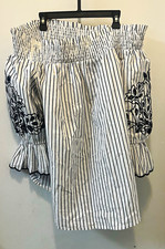 Chico's Womens 14 White/Black Striped Off-Shoulder Smocked Embroidered Blouse picture