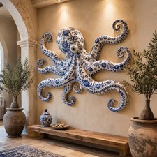 Octopus Metal Wall Art, Blue Coastal Wall Decor, Nautical Beach House Sign picture