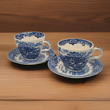 Vtg Myott Royal Mail Blue White Staffordshire Ware Tea Cup Saucer Set of 2 Eng picture