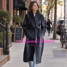 ZARA WOMAN SS26 100% LEATHER LONG COAT WITH BELT blue black 6098/242/030 picture