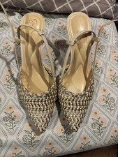 Jessica Simpson Women’s Beige Woven Pointed Toe Ankle Strap Block Heel 8 picture