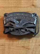 Vintage 1983 God Guns and Guts Made America Free Siskiyou Pewter Belt Buckle picture