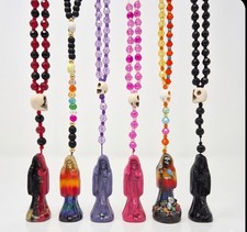 Santa Muerte Rosary Necklace - Cured Blessed Santisima Muerte Skull Rosario picture