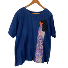 Alfredo's Wife Denim Top Blue Size M Southwestern Native Woman Wearable Art picture