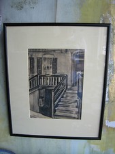 Antique Early 20th Century Signed Charcoal Drawing of Stairwell picture