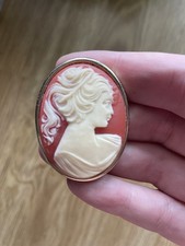 Vintage Shell Cameo Brooch Pin Red Orange Oval Carved Lady Profile picture