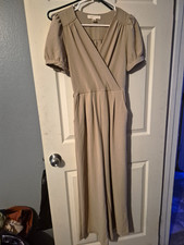 Monteau Los Angeles Women’s Beige Solid V-Neck Puff Short Sleeve Jumpsuit S picture