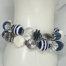 Chico's Navy White Beaded Crystal Silver Stretch Bracelet NWT picture